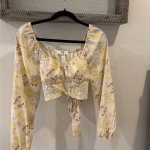 NYC Cream and Yellow Crop Blouse with Tie Back